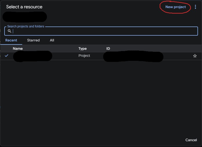 The Select a resource dialog in Google Cloud Console with the New project button highlighted