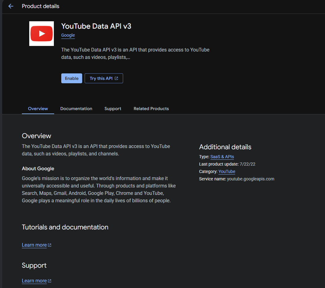 The YouTube Data API v3 product page in Google Cloud Console with the Enable button