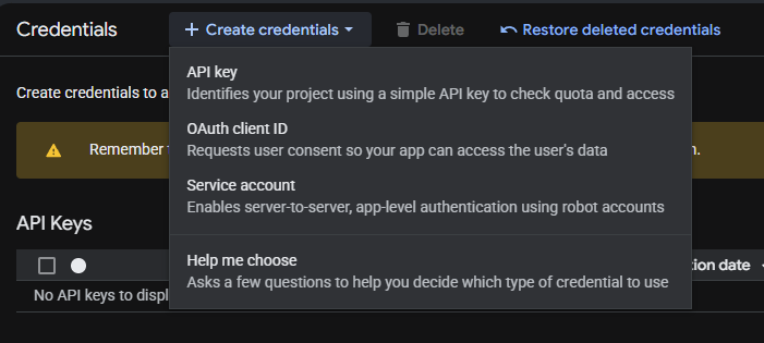The Create credentials menu in Google Cloud Console with API key highlighted