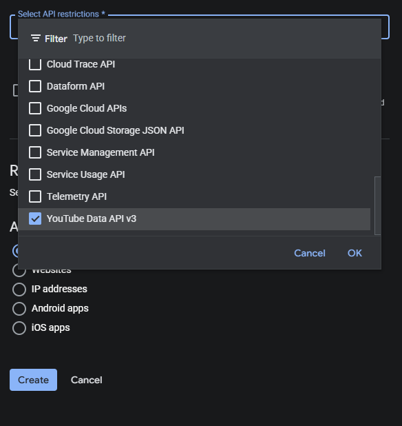 The Select API restrictions dropdown with YouTube Data API v3 ticked, and Application restrictions set to None
