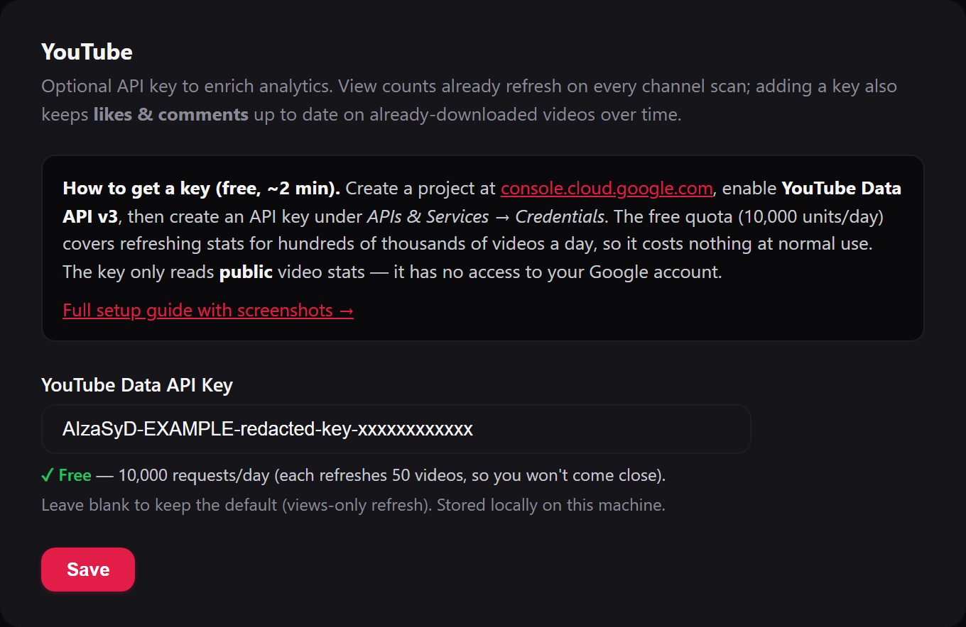 The YouTube section in StreamStash Settings, showing the YouTube Data API Key field and Save button