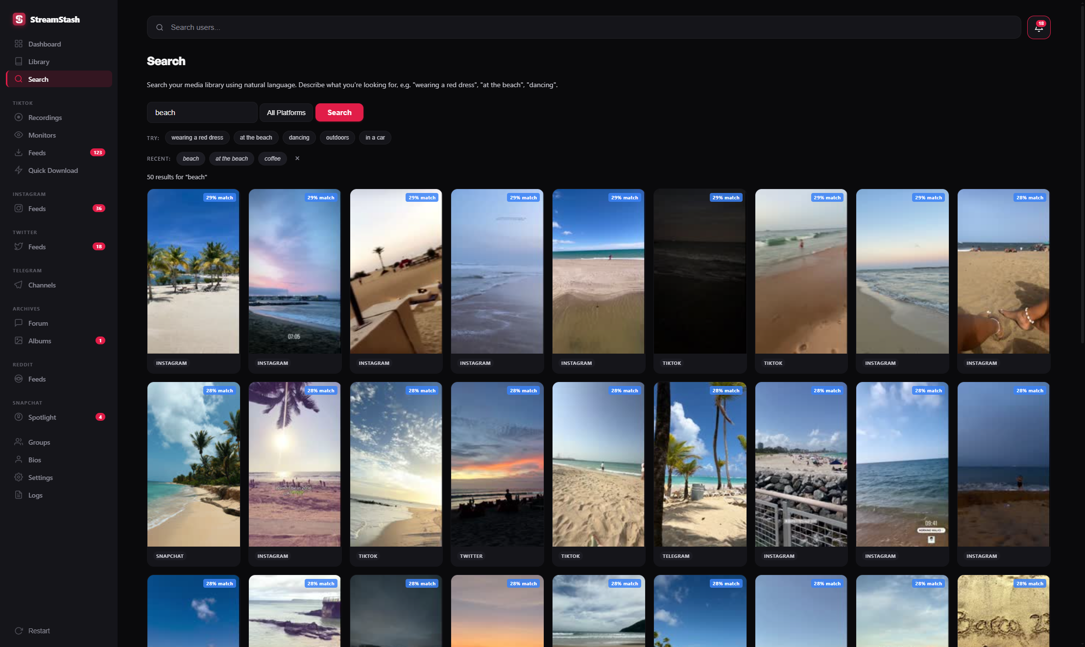 StreamStash AI search page with natural-language query and ranked thumbnails