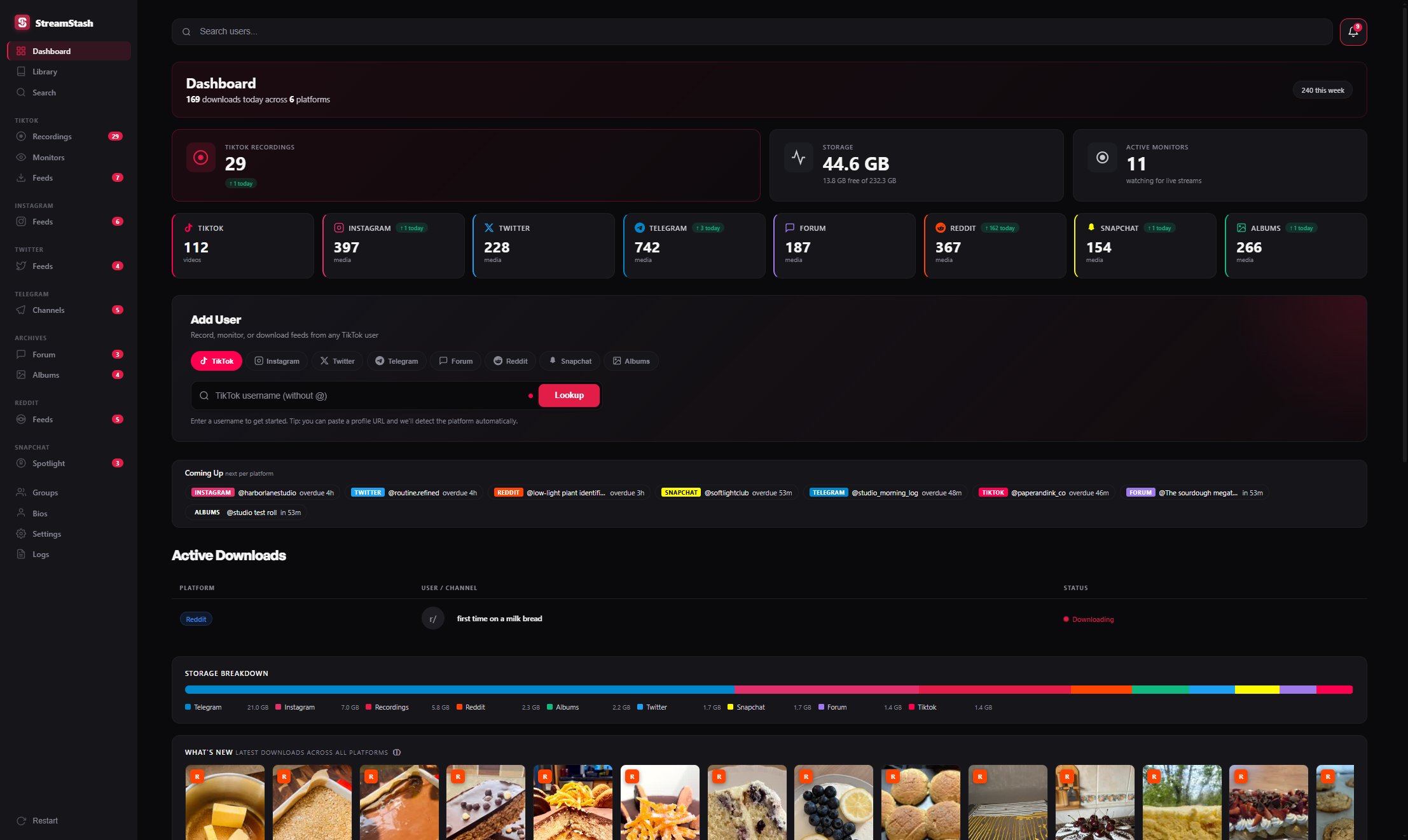 StreamStash dashboard with active recordings, platform totals, and recent downloads