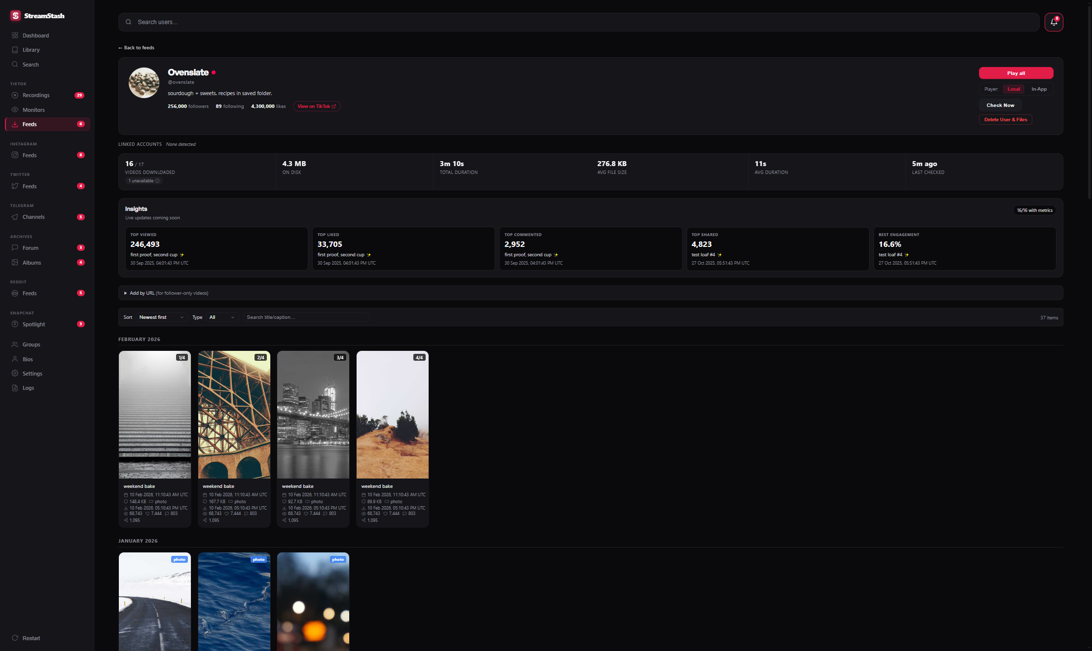 StreamStash feed detail page with linked accounts, bio, and downloaded clips