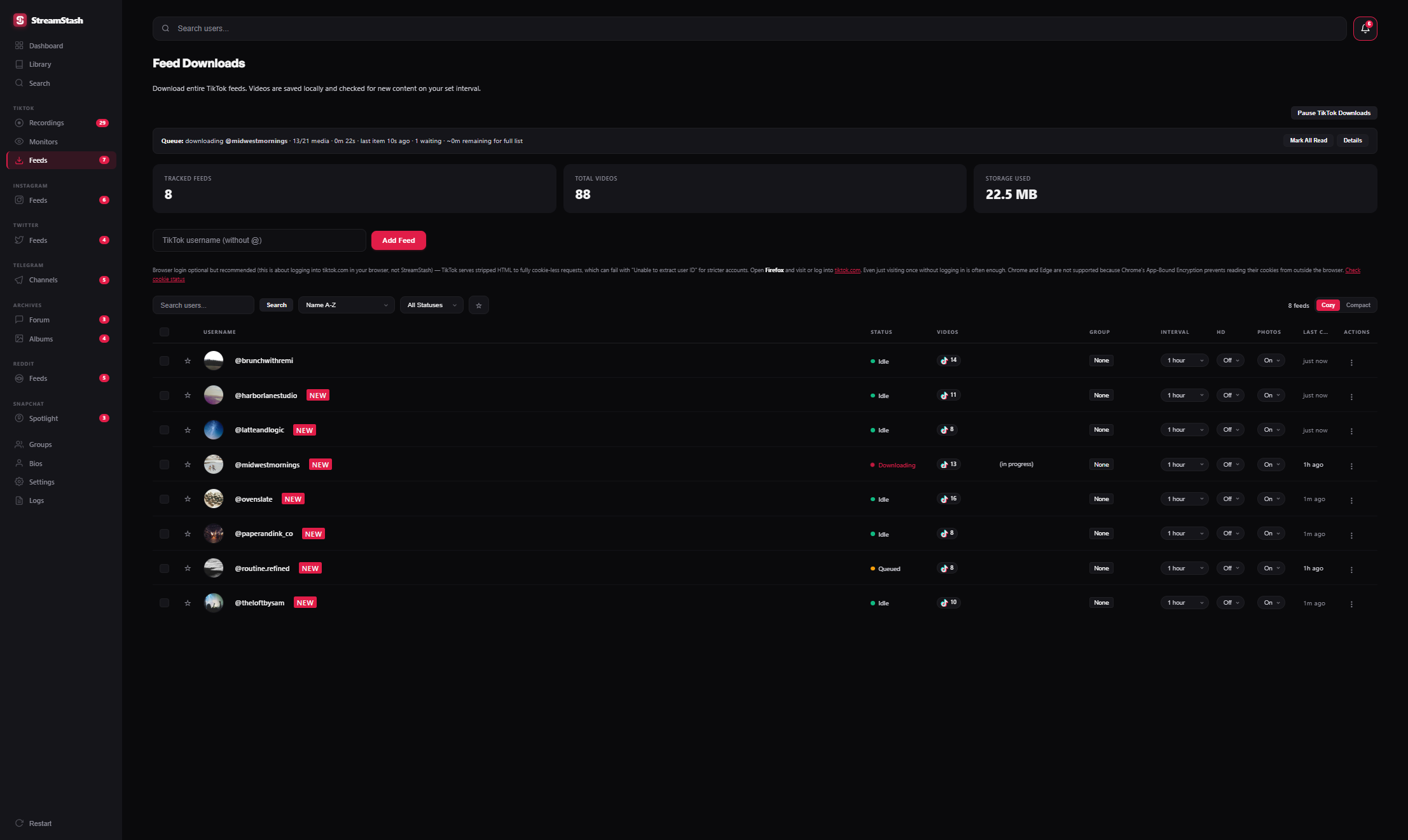 StreamStash feeds list showing tracked creators across platforms