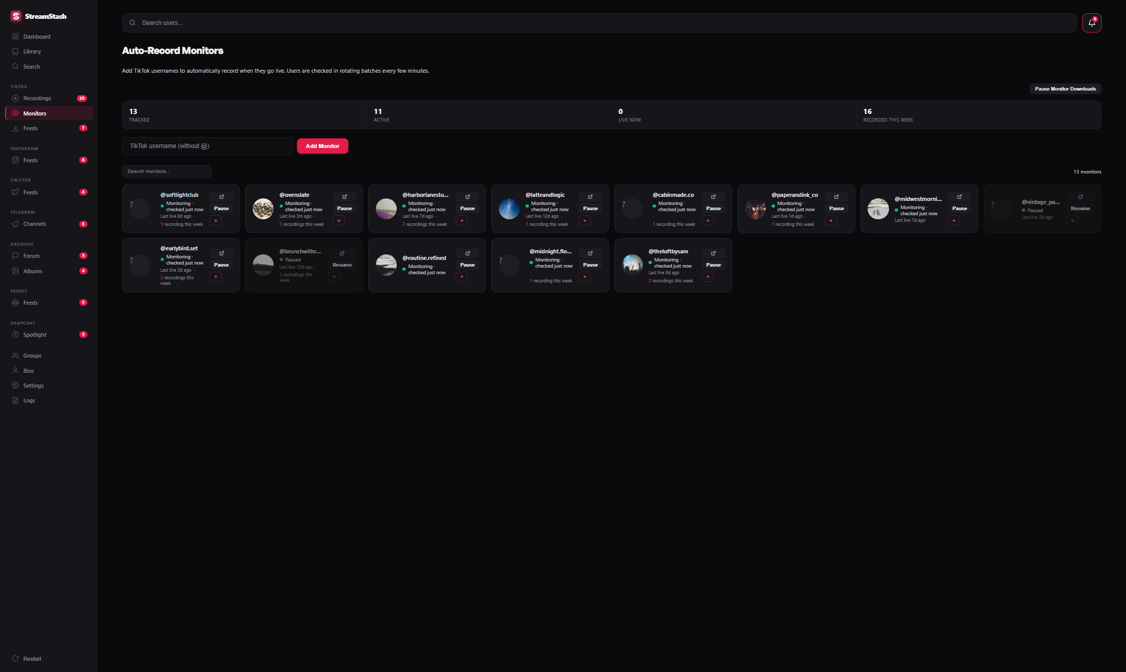 StreamStash monitors page showing tracked creators and last-checked times